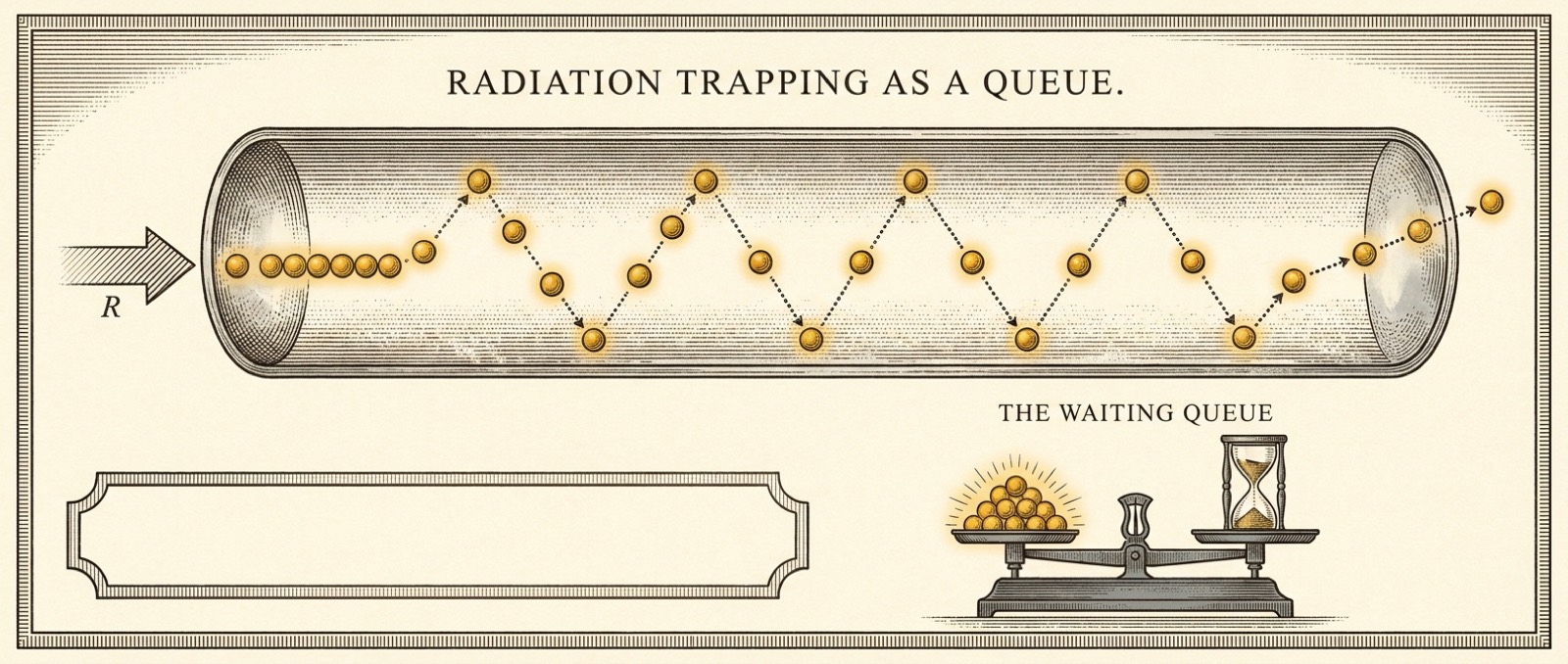 Engraving: radiation trapping as a queue — golden excitations hopping through a vapour cell; a balance weighs the orb inventory against an hourglass.