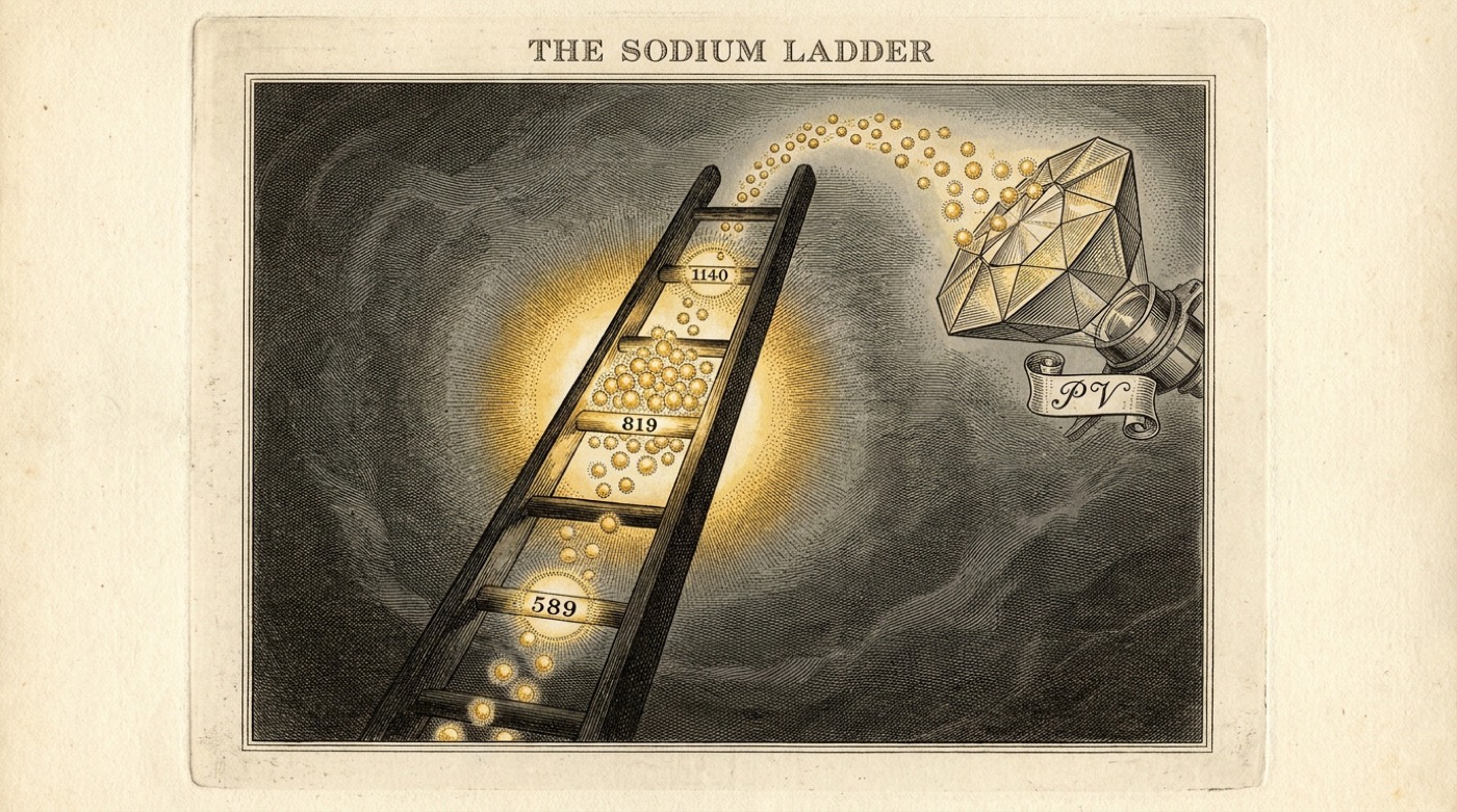 Engraving: the sodium ladder — rungs 589, 819, 1140; orbs crowd the glowing 819 rung and leap into a Victorian photovoltaic instrument.